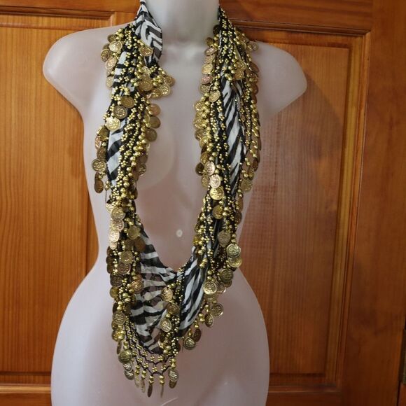 Zebra Print Sheer Belly Dancing Scarf Shimmy Coin Jingle Noise Making Hip Scarf - Picture 2 of 10